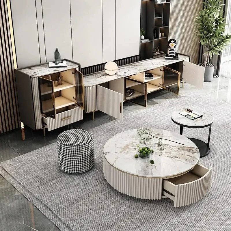 

White Center Tables For Living Room Marble Pattern High-end Small Household Furniture Mild Luxury Round Tea Table And TV Cabinet