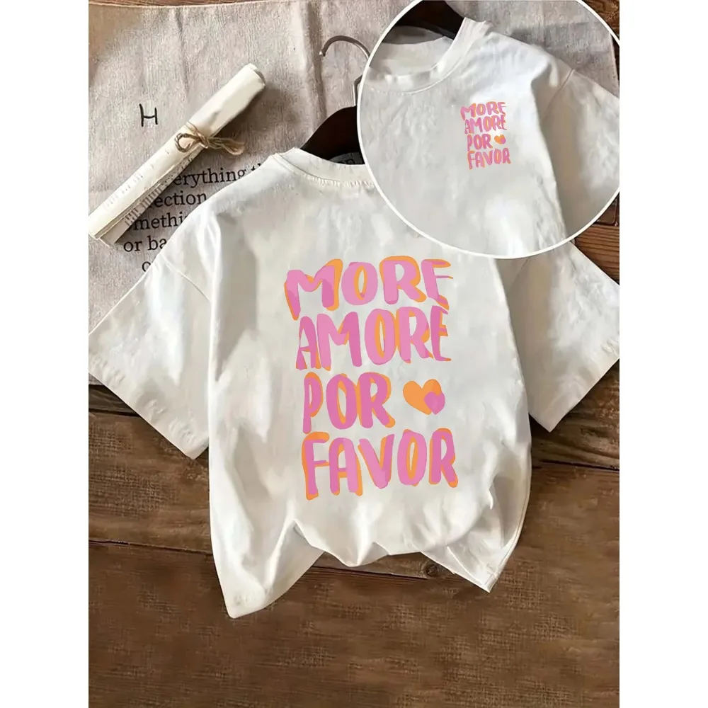 MORE AMORE POR FAVOR Women's Casual Short Sleeve Crew Neck T-Shirt Pink Print with Hearts Harajuku Short Sleeve Casual