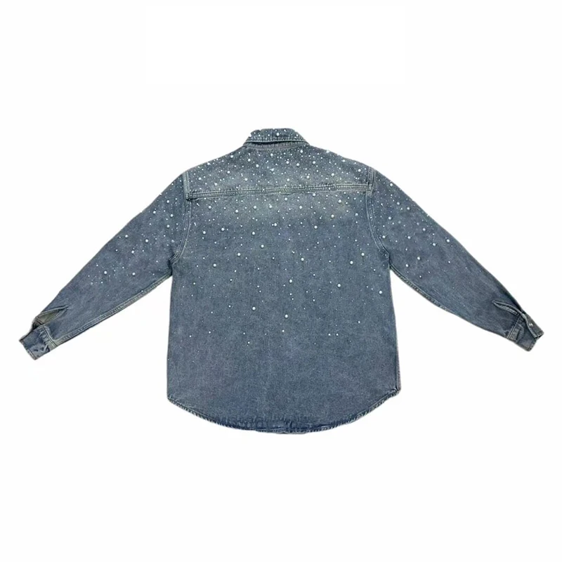 Men's Elastic Cotton Denim Shirt Long Sleeve Quality Cowboy Style Faux Pearl Decoration Summer New Fashion 2026