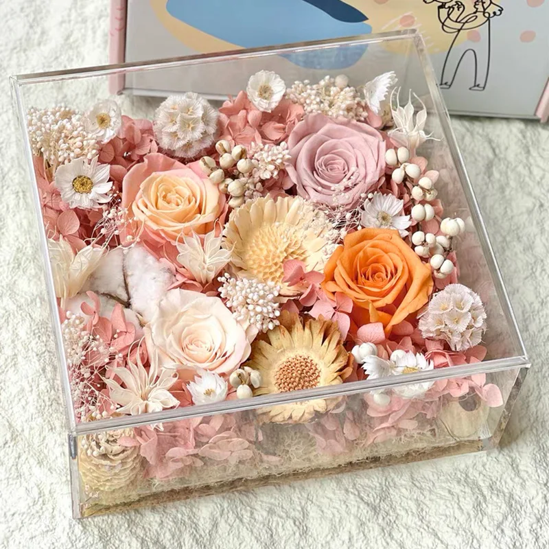 

Eternal flower rose acrylic photo frame gift box for mother, teacher, girlfriend, real flower gift, home decoration ornament