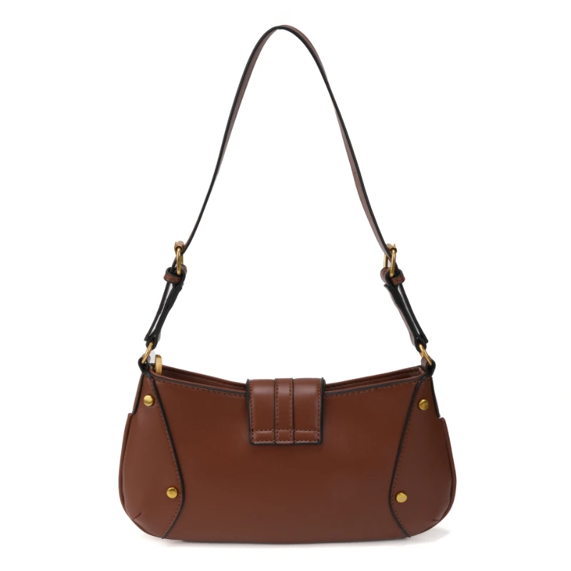 Vielseitige Designer-Handtasche mit Karabinerhaken, Damen-Umhängetasche mit Schlüsselschloss-Schnalle, Motorrad-Einkaufstasche im Biker-Stil, Braun, Reißverschluss – Detail 8