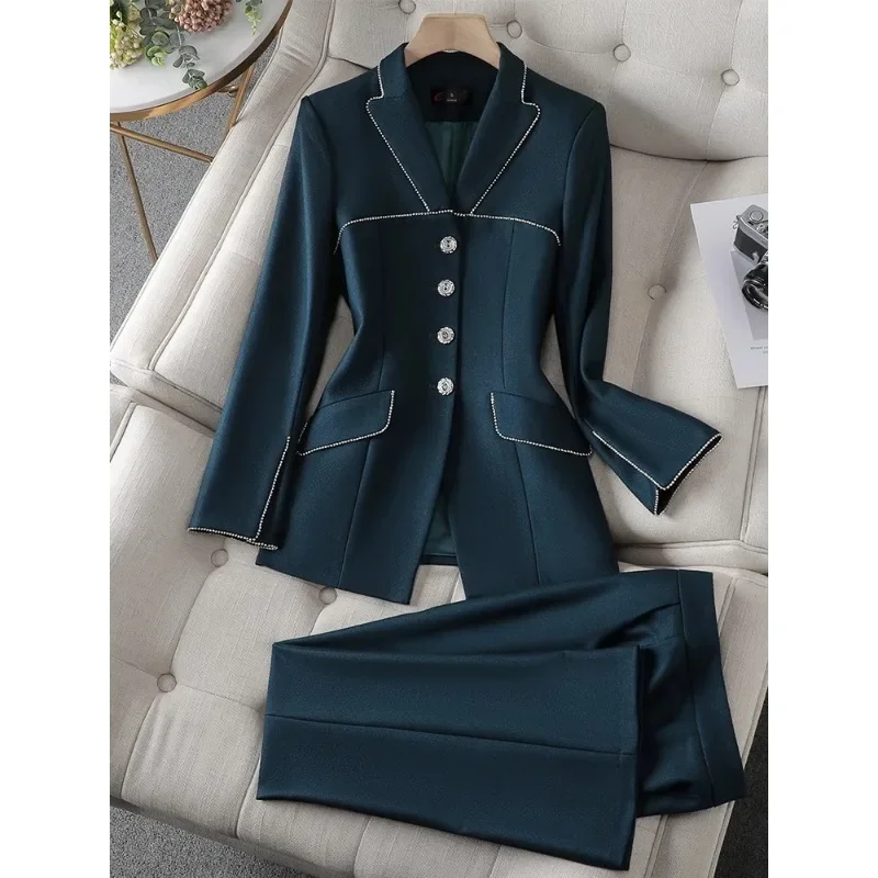 Blazer y pantalón elegantes para mujer, traje Formal de oficina, ropa de trabajo de negocios de manga larga, conjunto de 2 piezas, negro, verde y morado