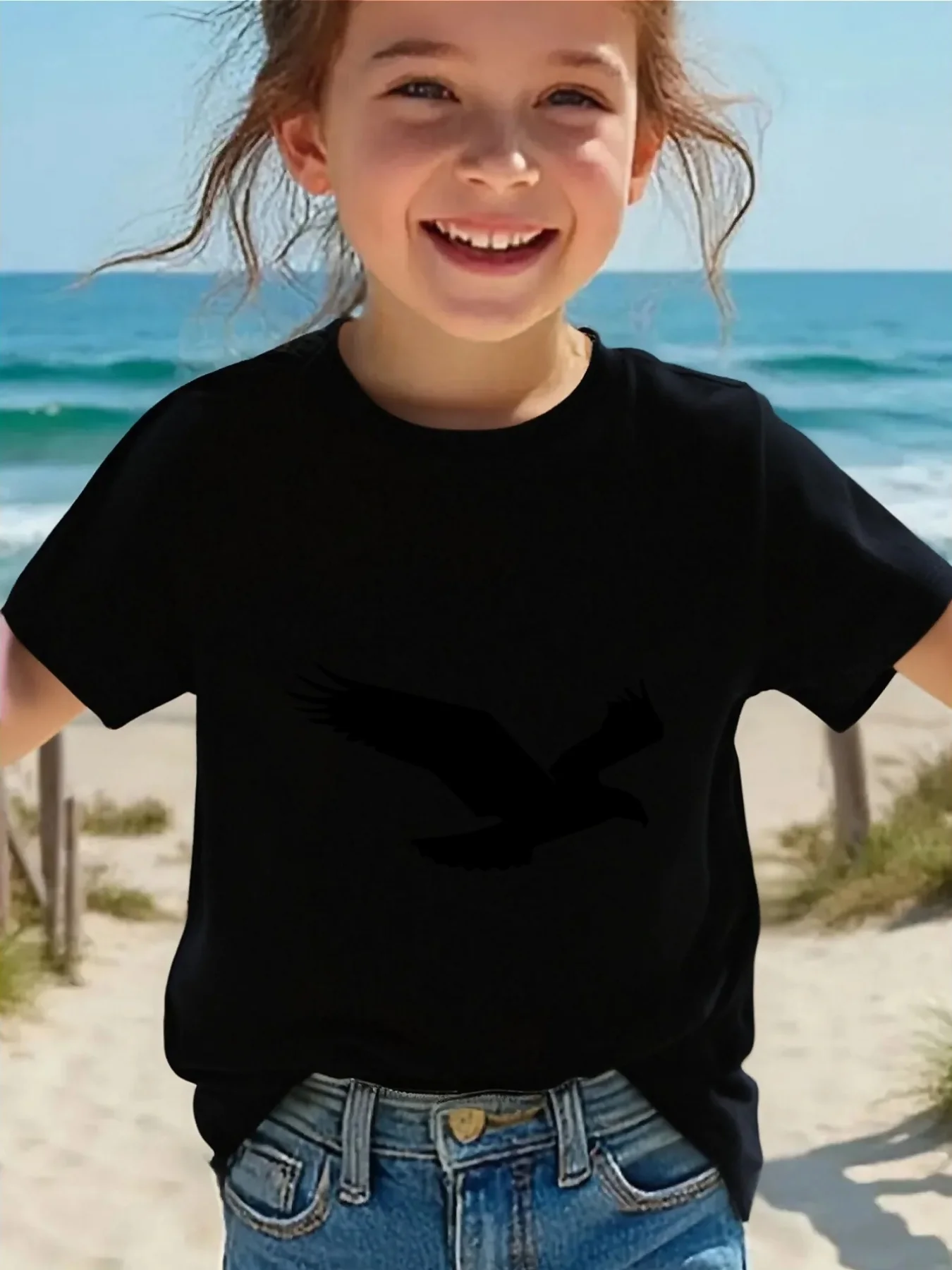Cute Flying Eagle Silhouette Print Family Matching T Shirt Boys Girls Tee Parent Child Casual Top Mom Dad Kids Summer Daily Wear