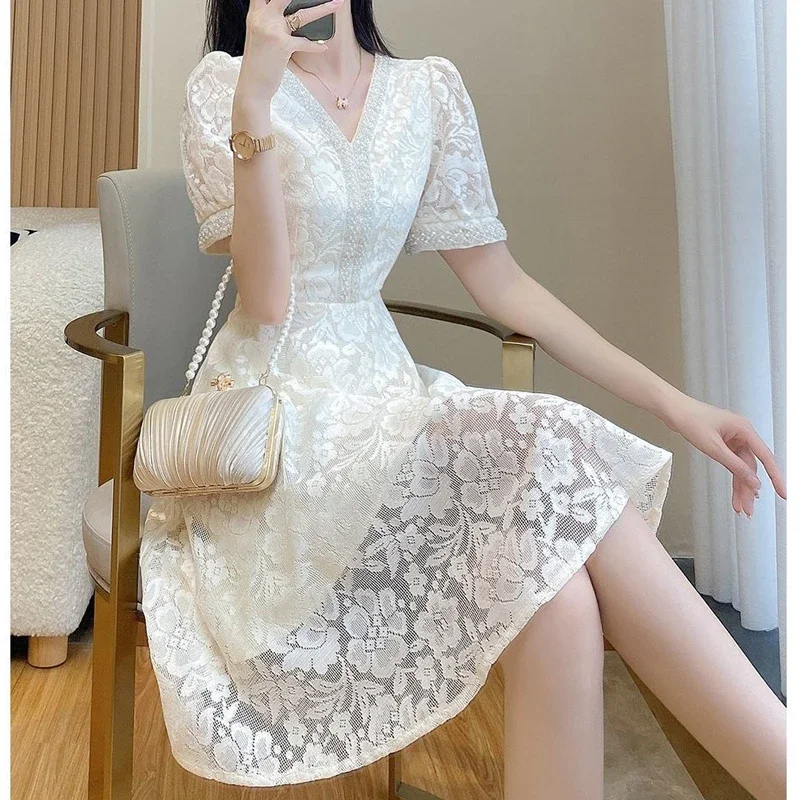 Retro Lace Sequins Beaded Chic Elegant White Party Dresses for Women Summer Fashion V Neck Short Sleeve Slim Midi Dress Vestidos