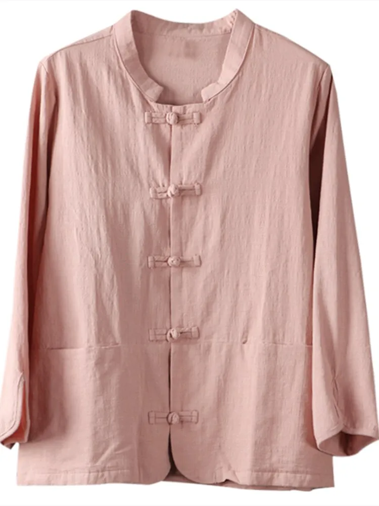 레트로 코튼 린넨 여성용 봄 2023 신상 슬레 내셔널 슬레 윈드 디스크 버튼 다도복 루즈핏 롱 슬리브