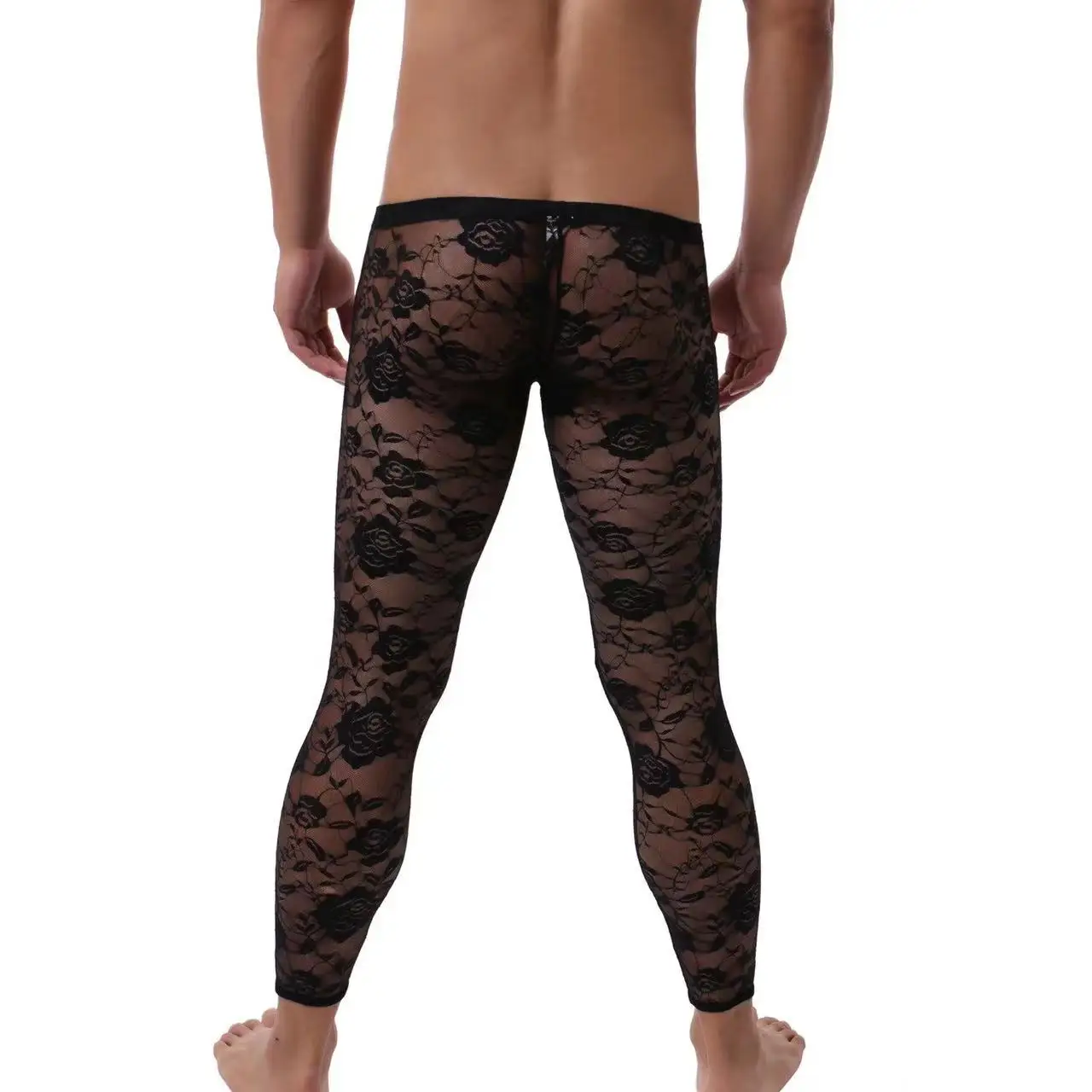 Men's Sexy Transparent Lace Pants Visible Low Rise Long Tight Underpant Lovers Couples Comfortable Home Pajama Pants Male