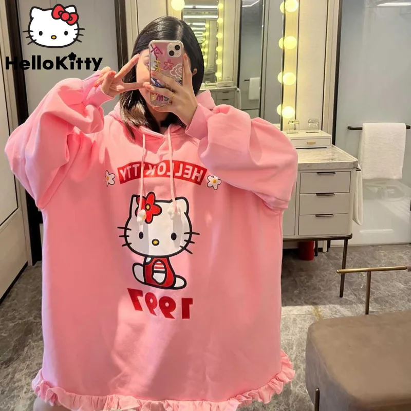 Sanrio Hello Kitty Trendy Mid Length Oversized Top Shirts Hooded Women Cute Loose Pullovers Y2k Autumn Winter Ruffled Hoodies