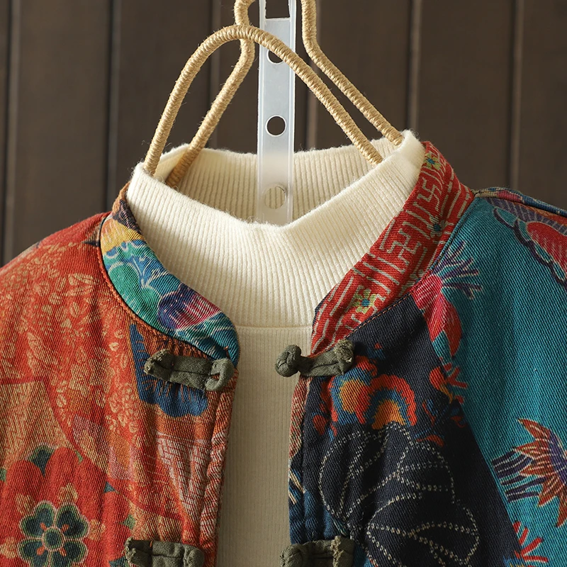 Retro Print Women's Autumn Winter Cotton Linen Velvet Jacket Artistic Style Button up Cardigan Chinese Style Button Thickened...