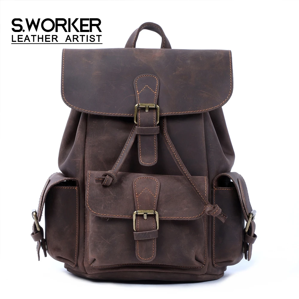 S.WORKER Vintage Echtleder-Rucksack für Damen, Reise-Vintage-Mini-Crazy-Horse-Schultasche, Schultertasche aus Rindsleder – Detail 2