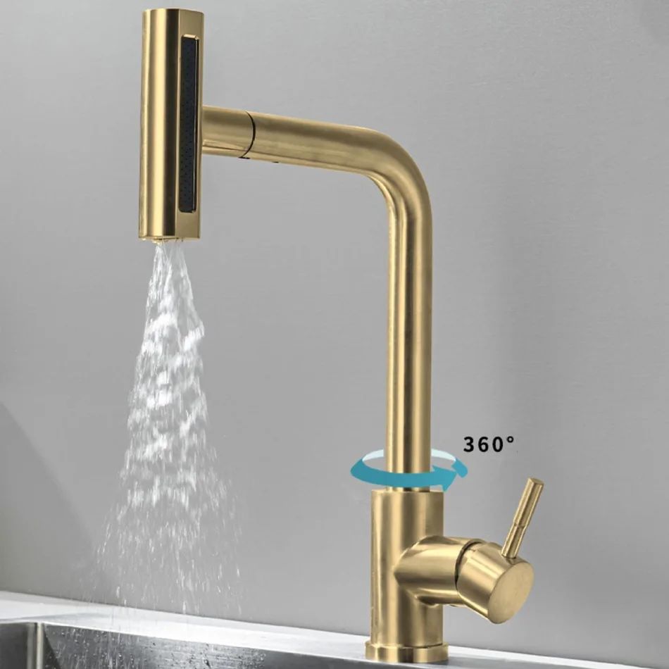 Brushed Gold Kitchen Faucet Pull Out Waterfall Black 304 Stainless Steel 360° Rotation Hot and Cold Water Saving Mixer Sink Tap