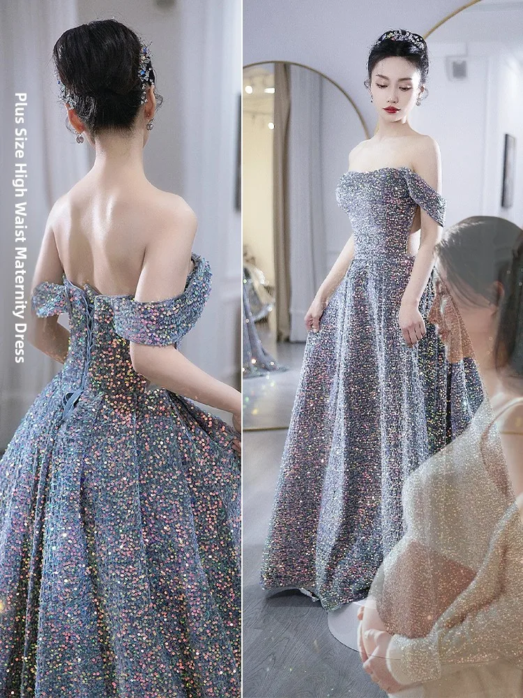 

Ele Large Size One oulder Sparkling Evening Dr for Women High Waist A-Line Skirt Long Dr for Banquet And Wedding