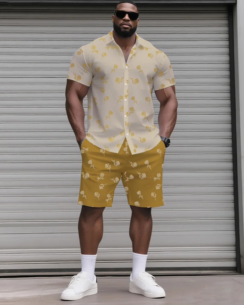 

S-9XL Мужская рубашка больших размеров с принтом роз и короткими рукавами и шорты, комплект из 2 предметов, повседневный свободный крой, летний комплект