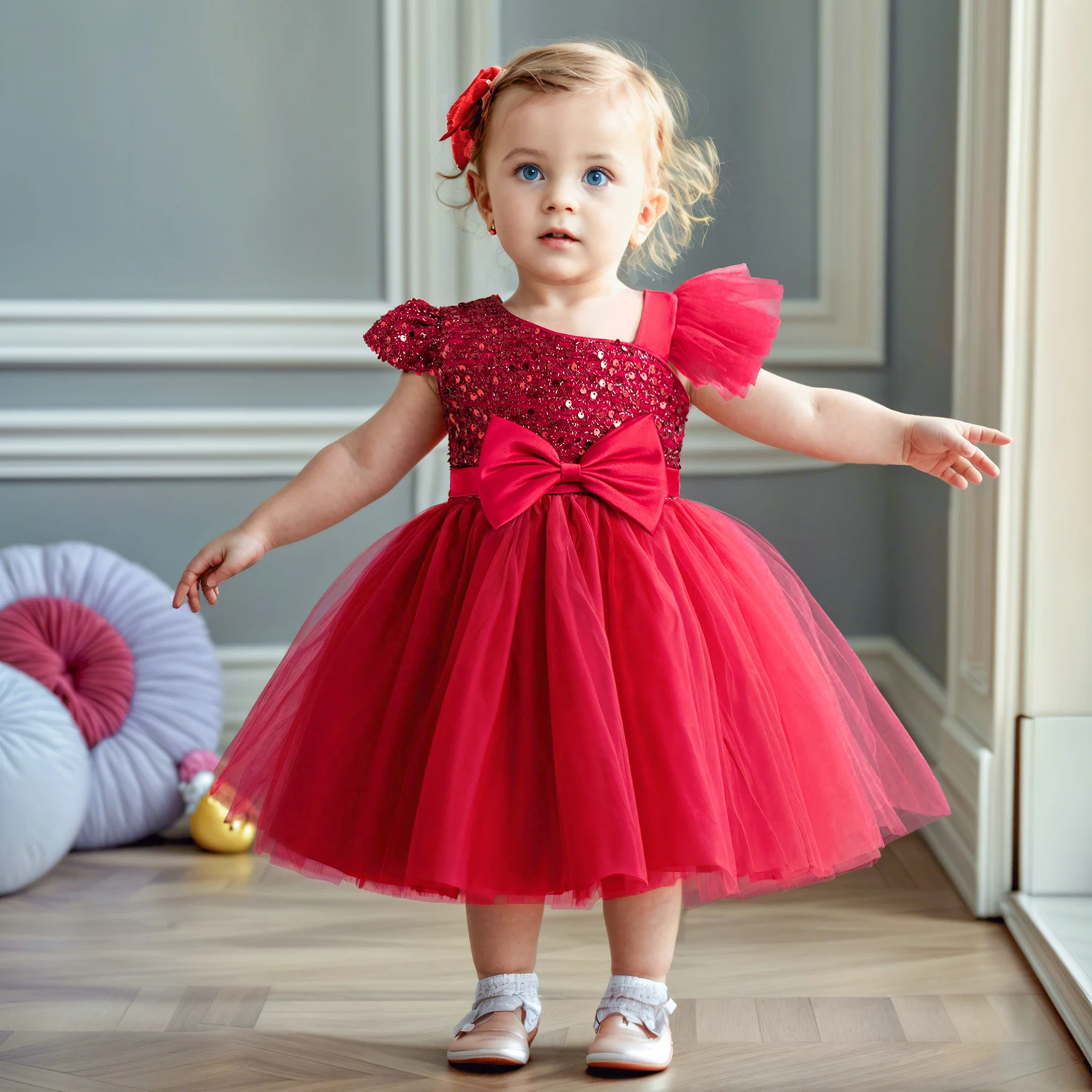 Summer Sequin One-shoulder Baby Girls Dress 1st Birthday Party Tulle Dress Toddler Kids Christmas New Years Tutu Gown 1-5Years