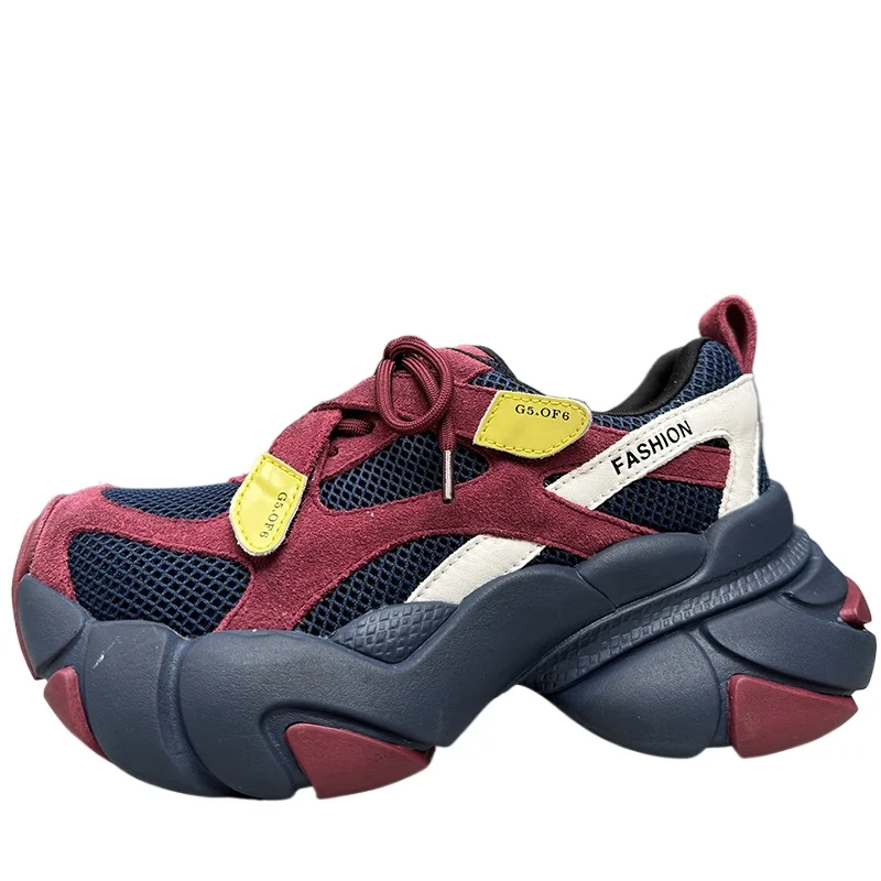 

European/American Original Gun Color Retro Daddy Shoes for Women's Genuine Leather Mesh Sports Casual Height-increasing Shoes