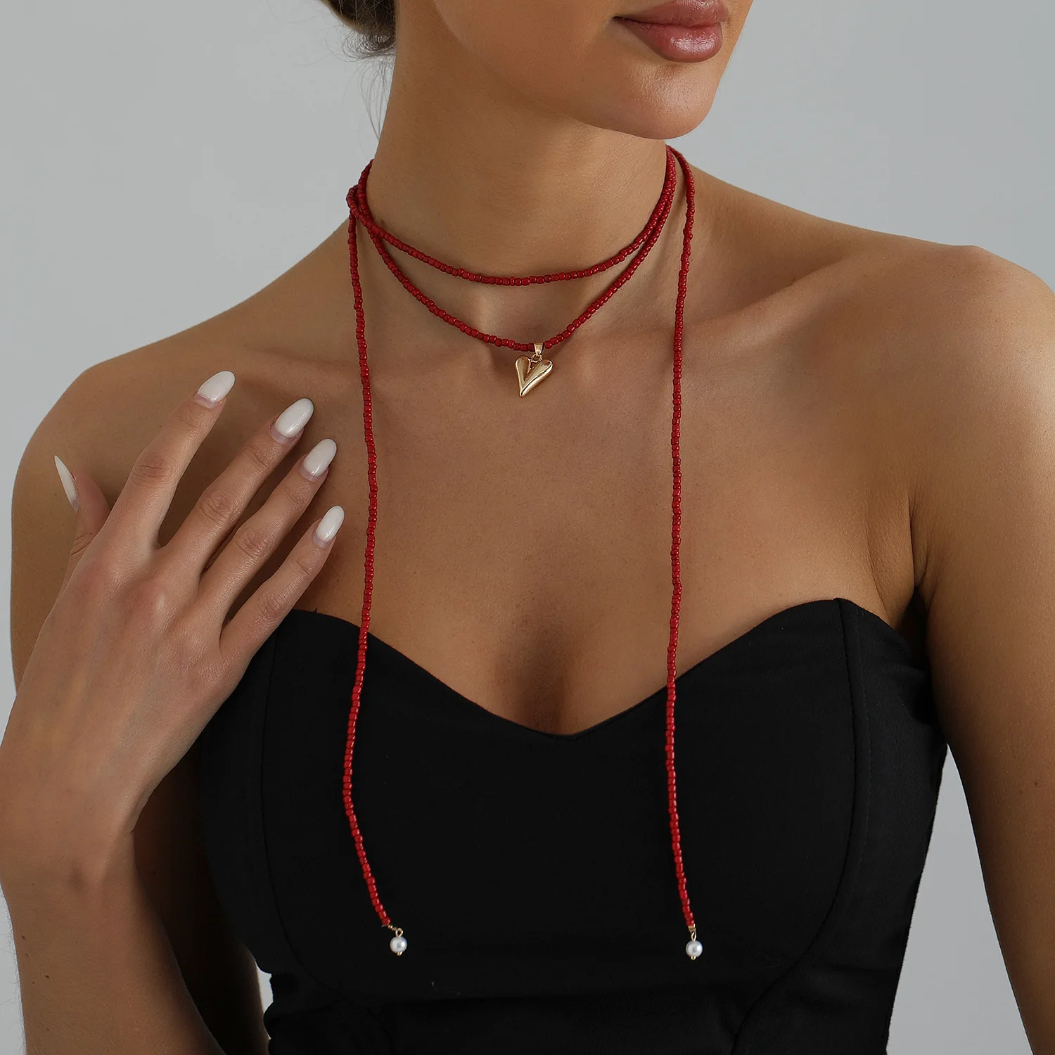 Cross border jewelry, red fine rice beads, love necklace, fashionable long style, trendy street photography accessories