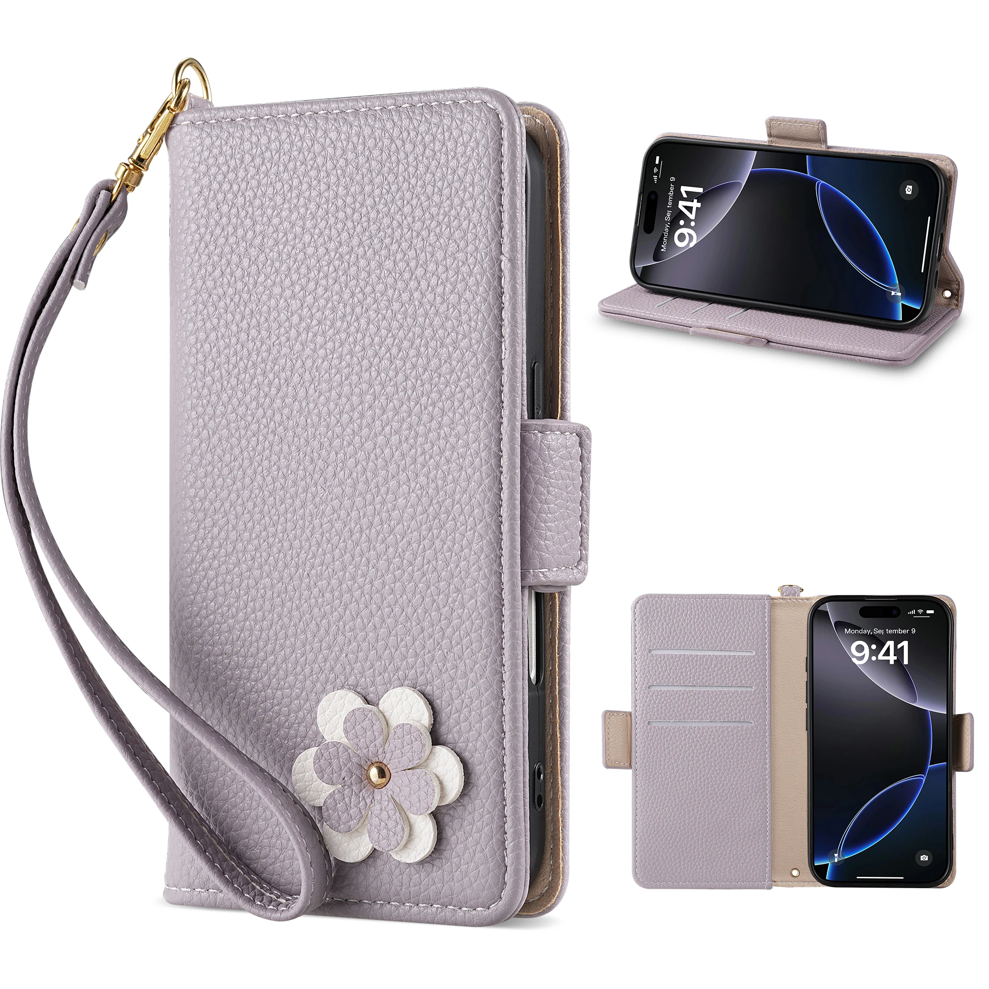 Niedliche 3D-Kaninchen-Blumen-Leder-Handy-Mappenhülle für iPhone 16 15 14 Plus 13 12 11 Pro Max XS X SE 16e Kartensteckplatz Flip-Cover – Detail 14