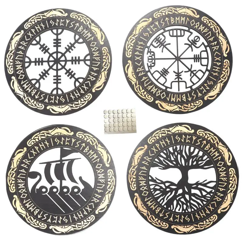 4 pezzi Set Wall Art Nordic Viking rune decorazione da parete in legno alberi genealogici celtici Viking Decor amuleto segno Home Office Decor