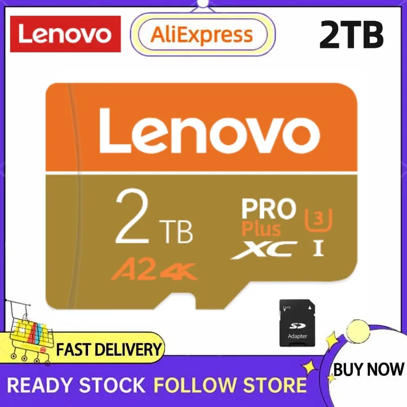 Cartão de Memória de Alta Velocidade Lenovo, 2TB, A2, Cartão SD de 1TB, 512GB, U3, V60, Cartão TF, Cartão Flash, 64GB, 128GB, 256GB, telefone, Câmera, Drone