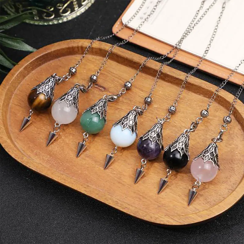 Péndulo colgante de piedra preciosa natural vintage para adivinación para radiestesia de cuarzo obsidiana negra Ojo de tigre obsidiana amatista Cristales de cuarzo rosa pendulo adivinacion profesional x278