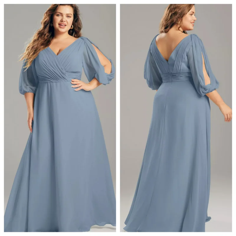 

Plus Size Women A-Line V-Neck Ruched Chiffon Mother of Bride Modern Half Sleeve Wedding Party Dresses Pleat Robe De Soirée