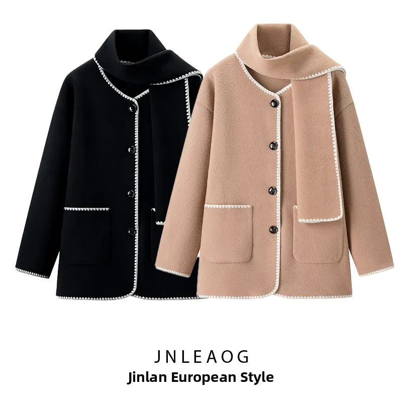 

JNLEAOG Autumn New Women's Faion Double-sided Woolen Coat Ne Scarf Collar Color Blo Wool Blend Long Sve Street Sle