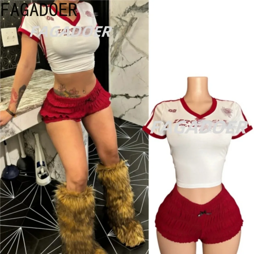 

FAGADOER Retro Letter Printing Fashion Two Piece Sets Women Y2K Streetwear Stripe Patchwork Crop Top and Shorts Outfits 2025 New