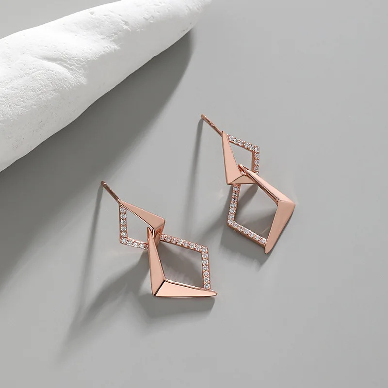 Original S925 sterling silver inlaid zircon four-sided rhombus earrings for women, light luxury banquet fashion jewelry