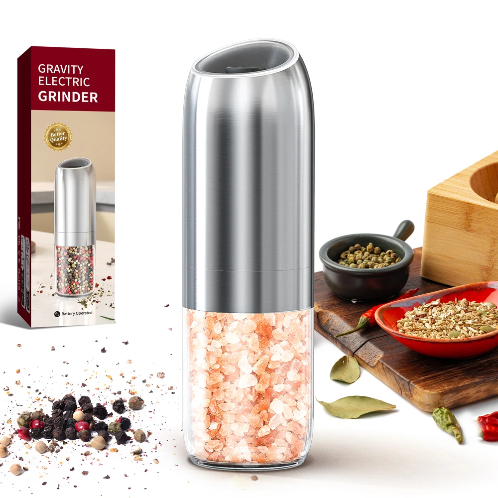 

Electric Gravity Salt Pepper Grinder Stainless Steel Pepper Mills Battery Powered Adjustable Coarseness Automatic Pepper Grinder