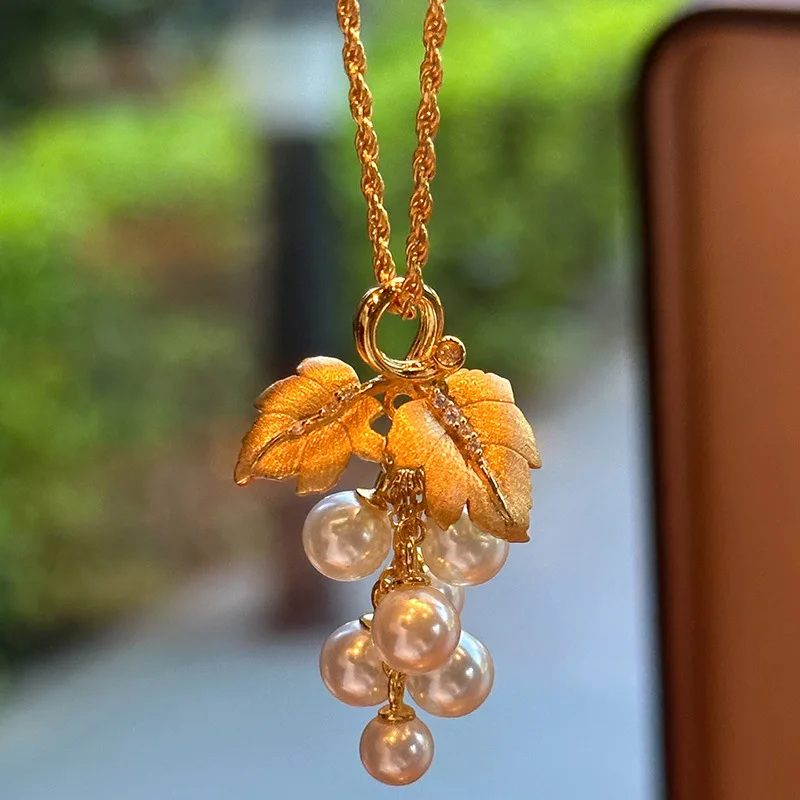 Light luxury brushed maple leaf grape necklace earrings for women spring pearl sweater chain high-end banquet jewelry gift