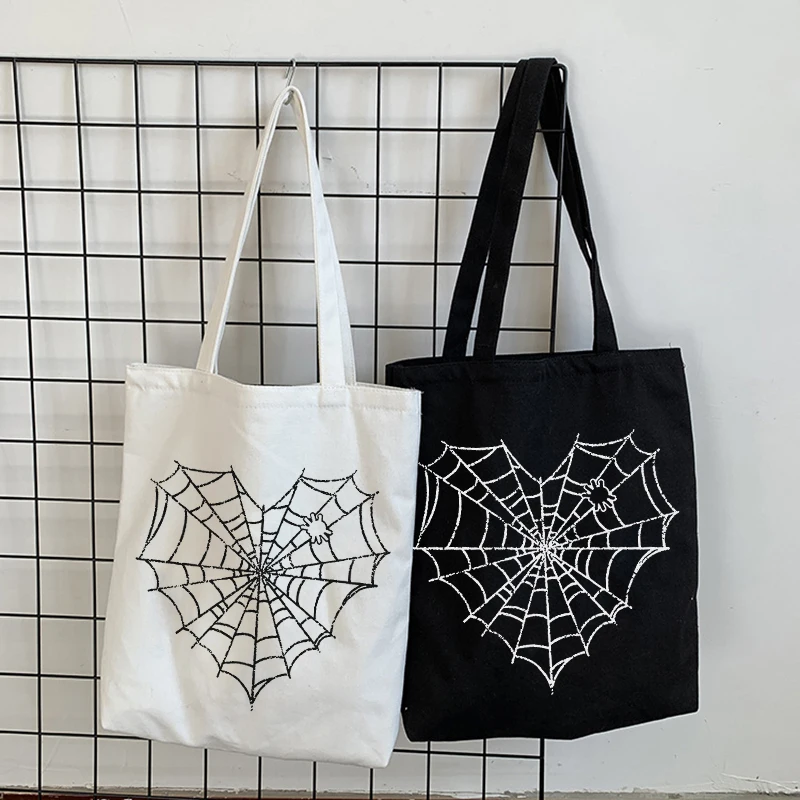 New Spider Web Cartoon Print Bag Harajuku Japanese Anime Shoulder Bags Ulzzang Black Vintage Canvas Bag Kawaii Chic Shopper Bag