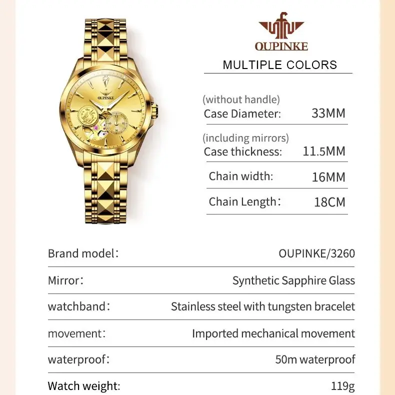 OUPINKE 3260 Women Watch Luxury Fully Automatic Mechanical Watch High end Hollow out Phoenix True Gold True Diamond Women Watch
