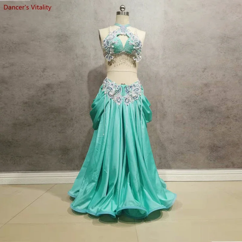 Belly Dance Competition Costume Hand Made Stones Bra and Long Skirt 2pcs Bellydancing Outfit Cusomzied Indian Oriental Dance Set