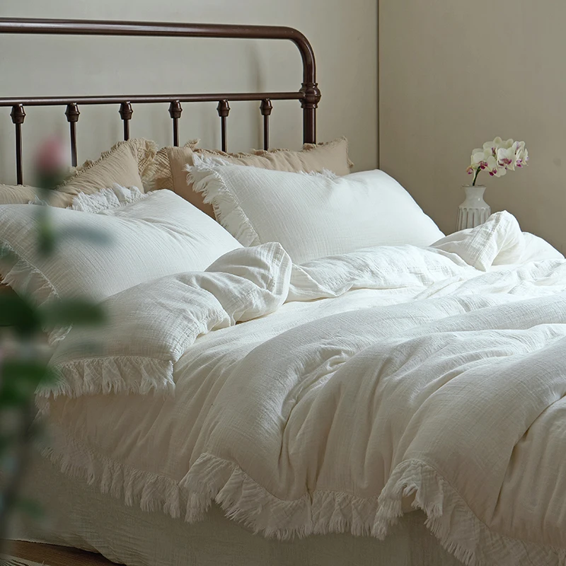 Plain Colour Washed Cotton Tassel Ruffles Bedding Set Soft Wrinkled Yarn Natural Health Cotton Duvet Cover Bed Sheet Pillowcases
