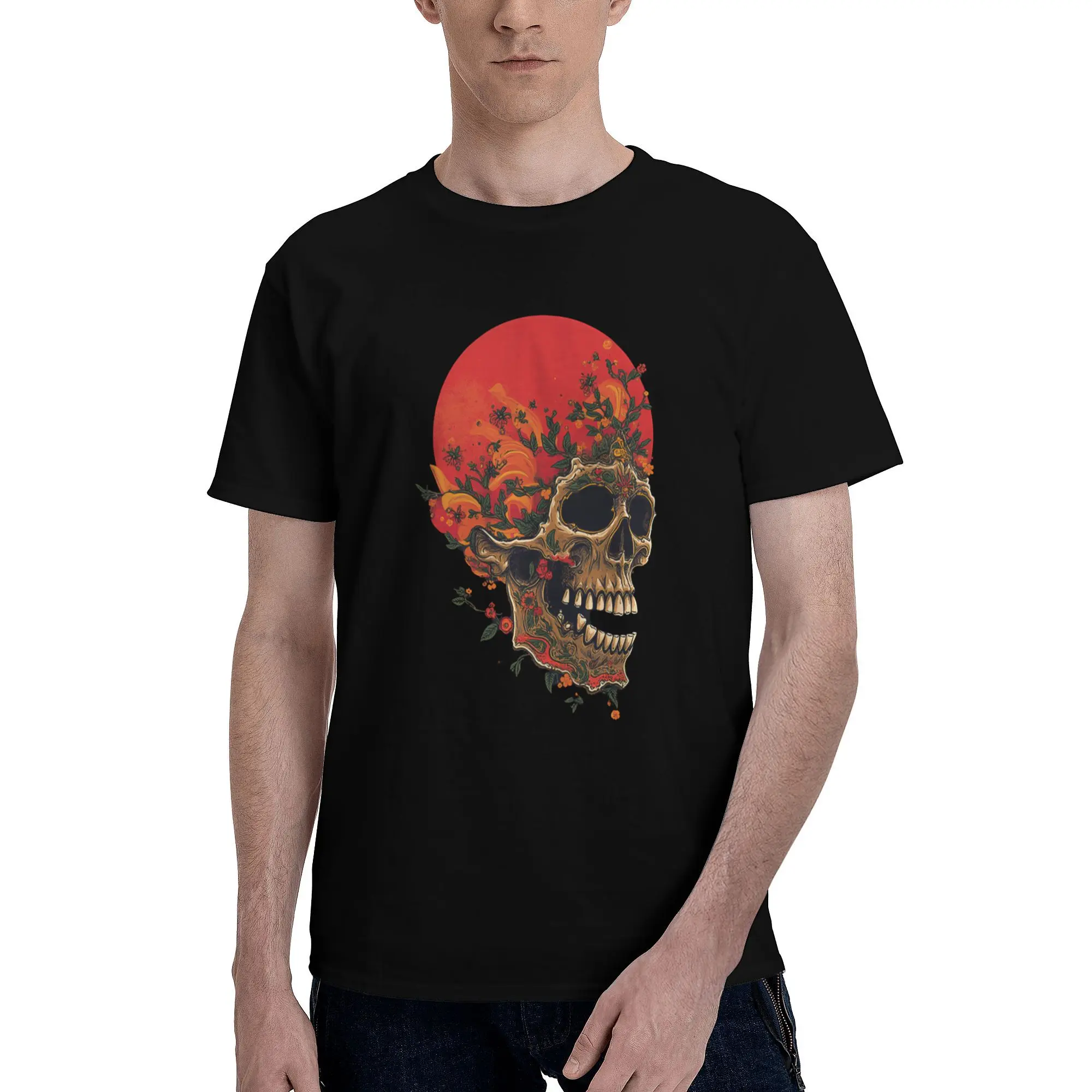 Skull Adorned With Flowers And Foliage Men T Shirt  Funny Tee Shirt Short Sleeve Round Neck T-Shirts 100% Cotton Adult Tops