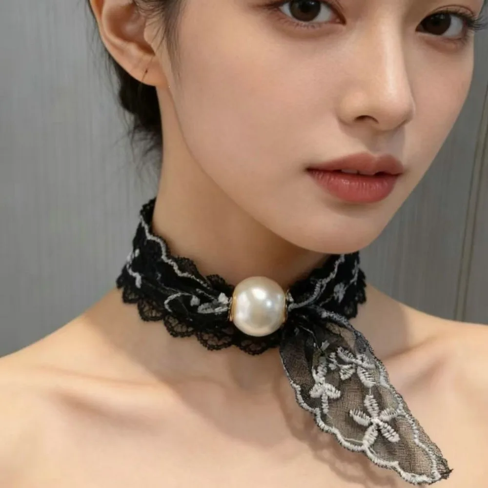 Snap Closure Magnetic Buckle Lazy Scarf Adjustable Elegant Pearl Lace Neck Scarf Collarbone Chain Versatile Shirt Collar Scarf