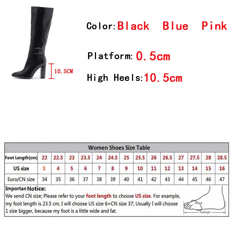 Autumn Winter Chunky Heels Black Blue Knee High Boots Femme Fashion Pointed Toe Zip Party Nightclub Motorcycle Women Long Shoes