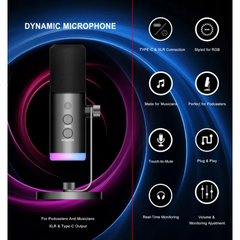 

Динамический микрофон RGB с подставкой, студийная запись, USB-микрофон для подкастов, RGB с сенсорным экраном, бесшумное шумоподавление для прямой трансляции