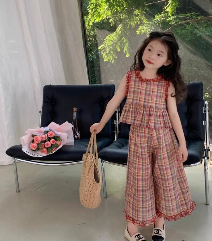 

Retail 2023 New Baby Girls Summer Cute Korea Plaids Sets, Top +Pants 2-6T