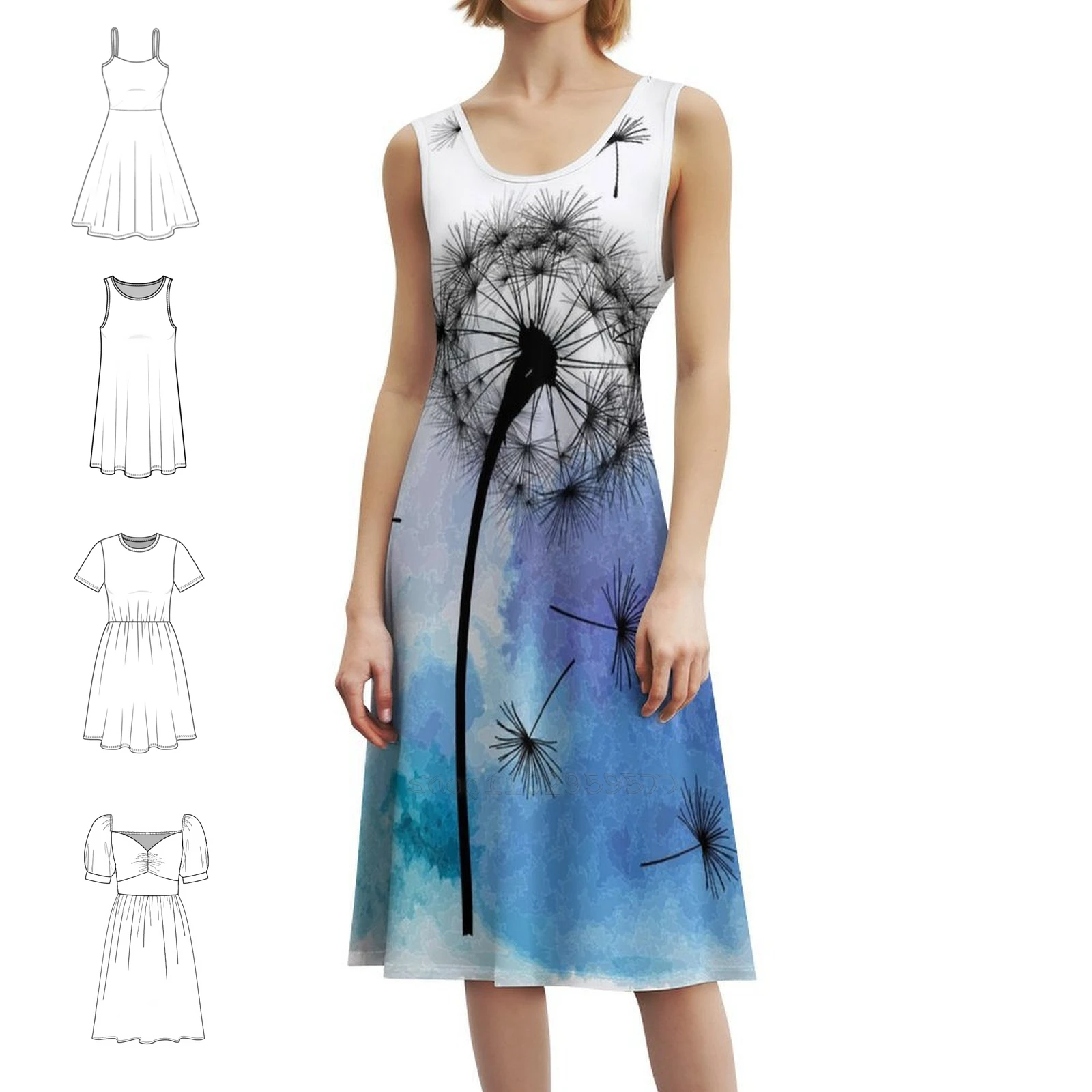 

Одуванчик со светло-голубой и фиолетовой акварелью Платье в корейском стиле для женщин Элегантное повседневное платье для вечеринки или повседневного ношения Платье