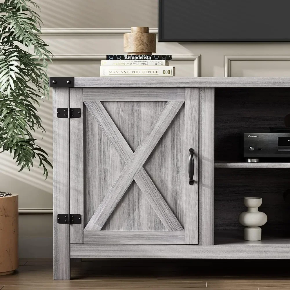 Modern Farmhouse TV Stand with Two Barn Doors and Storage Cabinets for Televisions up to 65+ Inch, Entertainment Center Console