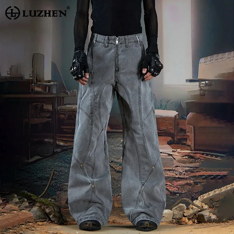 

LUZHEN 22025 Autumn New Solid Color Stripe Patchwork Design Straight Jeans Men's Fashion High Quality Street Denim Pants JY4461
