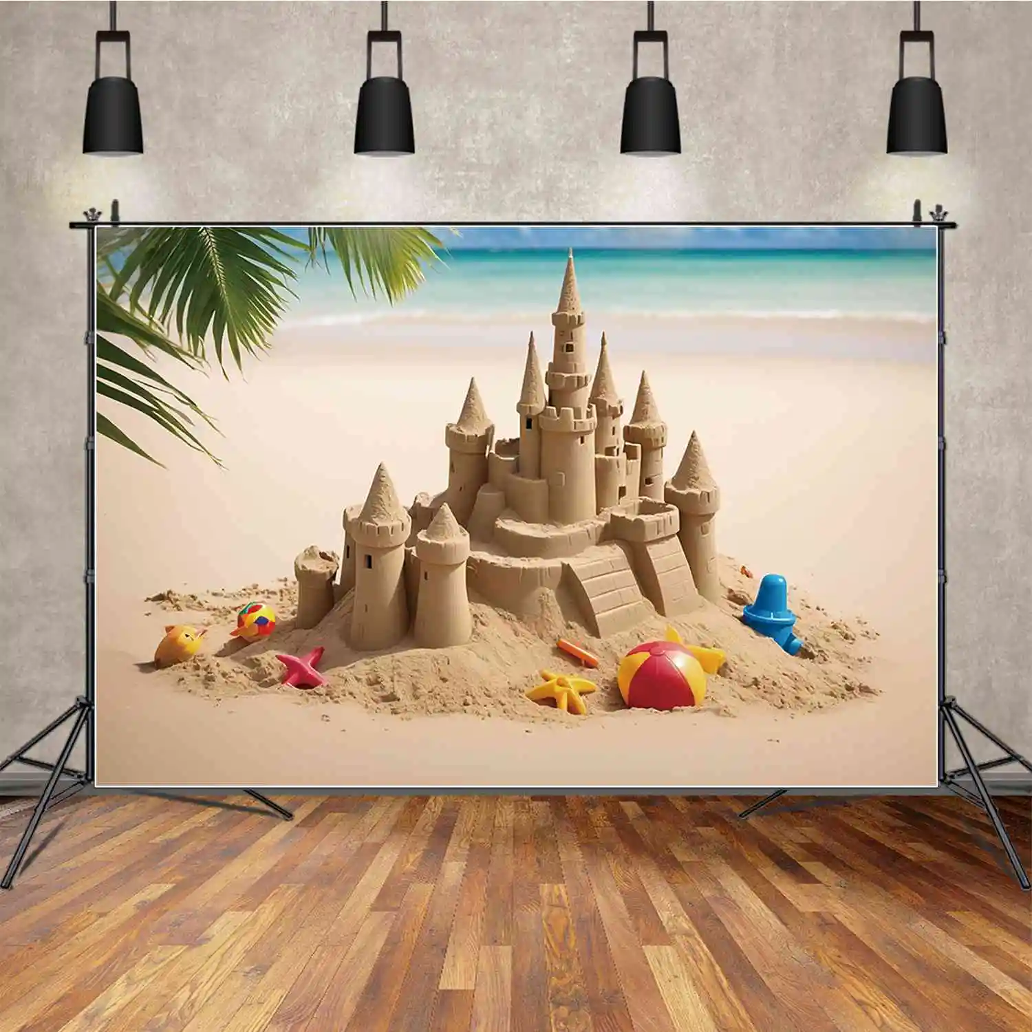 

MOON.QG Palm Leaf Beach First Birthday Background Children's Floor Sand Castle Backdrops Party Decoration Photocall Accessories