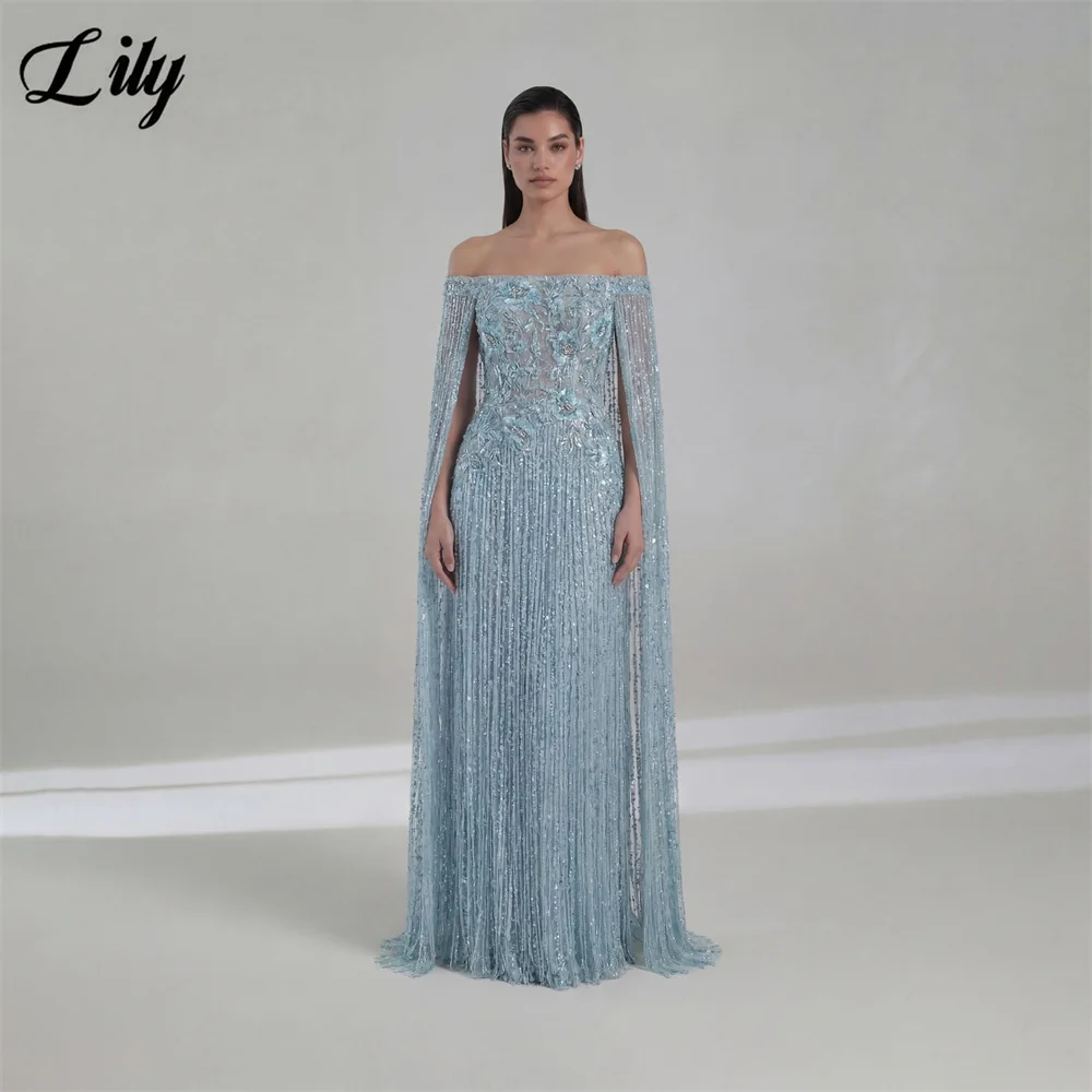 Lily Sky Blue Evening Gown Off Shoulder Long Fringe Sleeve Prom Dress Floral Embroider Wedding Dress robes de soirée Customized