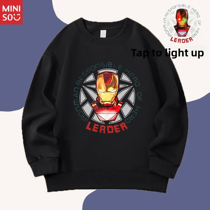

Miniso 2025 Boys Cotton Long Sleeve Hoodie, Cool Cartoon Tap to Light Up Flash Comfort Loose Kids Fashion