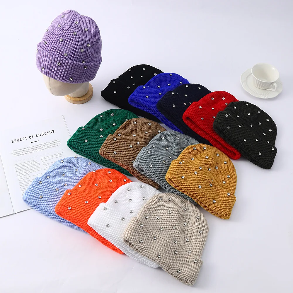 Winter Rhinestone Knit Beanie Cap Shiny Crystal Studded Cuffed Skull Hat Elastic Warm Knitted Hat Street Daily Ladies Headwear