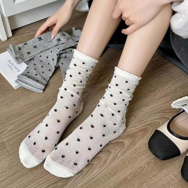 Japanese Hollow Out Long Socks Women Girls Lace Sweet Bow Sock Casual Crew Loose Sox Streetwears Summer Thin Mid-tube Stockings