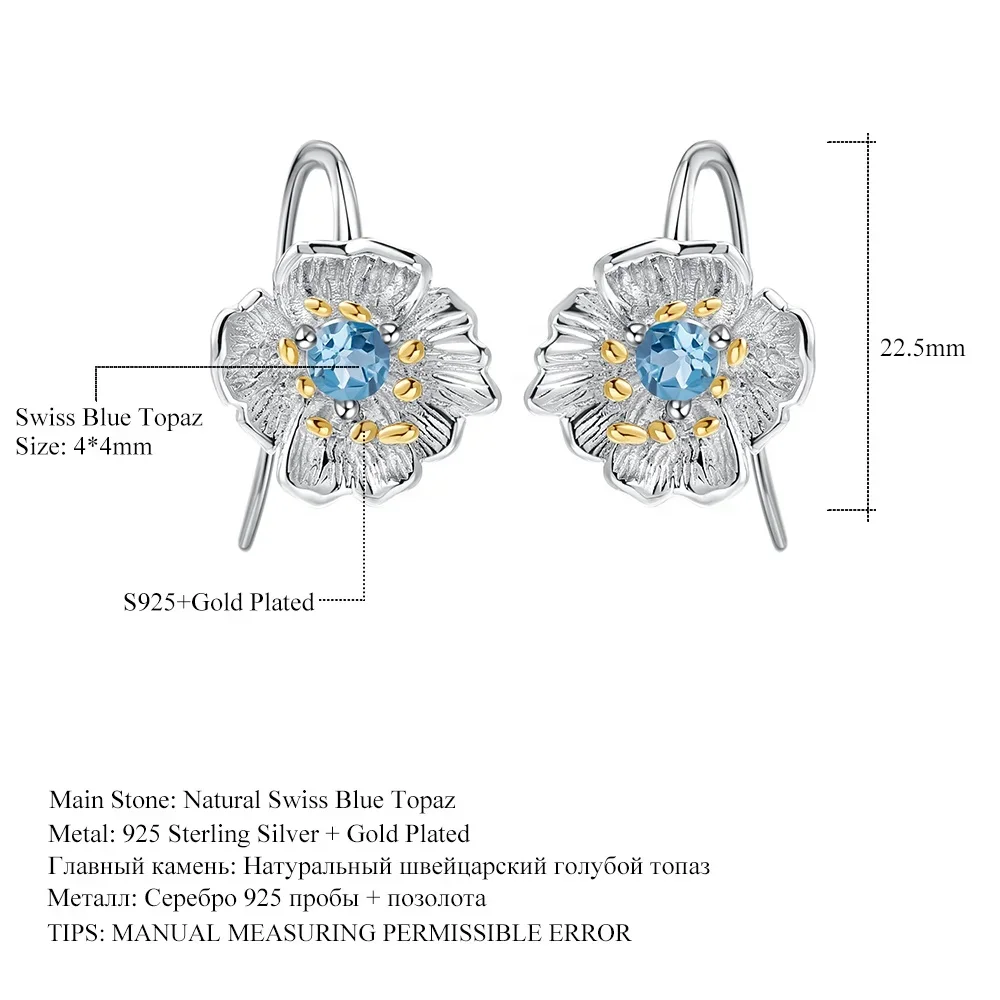 C7772 Abiding sierlijke Zwitserse blauwe topaas 925 sterling zilveren bloem sieraden set verstelbare ring vis haak oorbellen