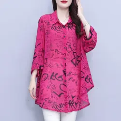 Ladies Summer Korean Large Size Simplicity Printing Loose Chiffon Polo-Neck Blouse Women Clothes Casual Trend Buttons Shirts