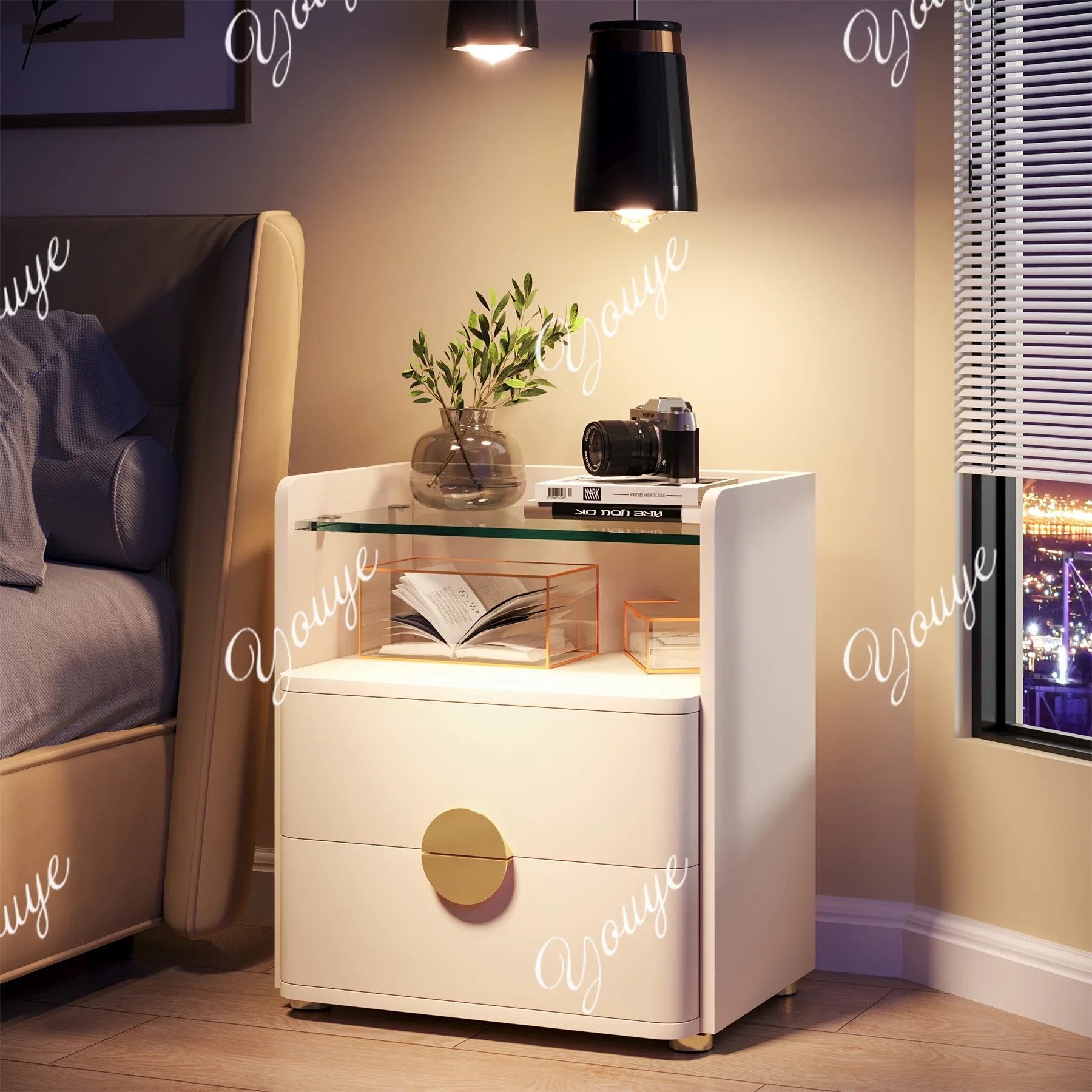 C Tribesigns Nightstands, 2-Drawer Modern Night Stand With Open Storage Space, Wood Bed Side Table, Tempered Glasses End Table