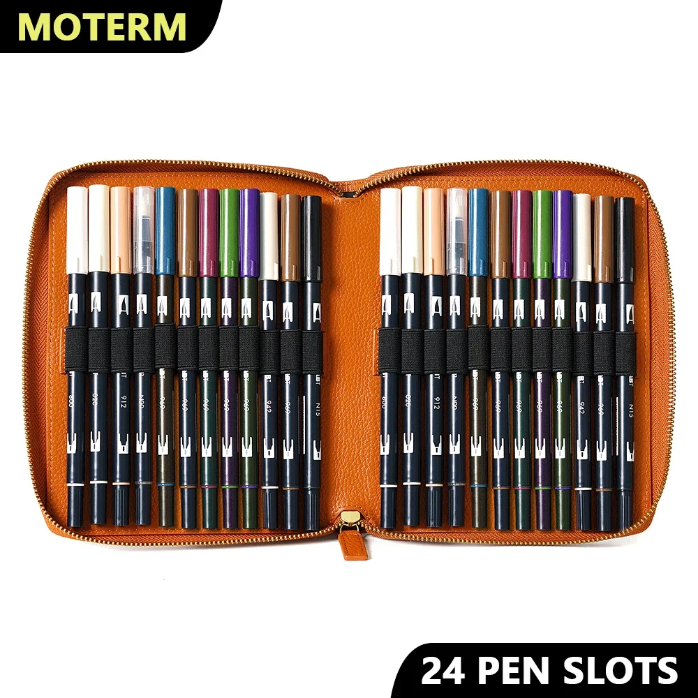 Moterm Leather Zippered 24 Slots Pen Case for Tombow Dual Brush Pen Genuine Cowhide Elastic Pen Loops Pen Holder Pencil Bag